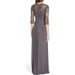 La Femme Gunmetal Gray Ruched Twist Column Formal Gown Photo 1