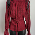 Red Open Knit Top sz M Heavy Weight Boho Long Sleeve Tie Waist Blouse Cottage Size M Photo 0