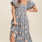 Listicle puff sleeve square neckline boho chic Floral smoked bodice midi flowy Dress Photo 1