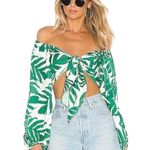 Bardot x Revolve Geo Palm Crop Off The Shoulder Tie Top in White/Green Photo 5