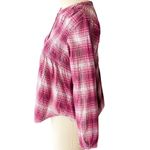 Knox Rose  Boho Burgundy Plaid Babydoll Smocked Flannel Shirt Top ~ Women's LARGE Photo 4