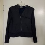 Athleta  ribbed sleeve navy knit full zip asymmetric hoodie jacket size Medium Photo 0