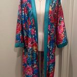 American Vintage VTG 70s 80s Heather Collection Hot Pink & Teal Blue Florl Kimono Robe Bathrobe Photo 1