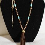 Source Unknown Western Brown/Aqua Wood Beads Leather Tassel Gold Tone Spacers Necklace Photo 0