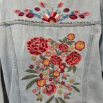 Forever 21 Blue Denim Pink Orange Floral Embroidered Distressed Jean Jacket sz M Photo 9