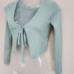 Twine & String Tie Front Crop Cardigan Sweater Ribbed Knit Mint Green Size XS Photo 2