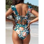 Cupshe  Teal Peach Floral Ruffle V-Neck Lace Up Back Monokini Swimsuit XL Photo 1