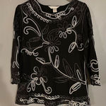 Christopher & Banks  Black Sparkle Embroidered Scalloped Hem 3/4 Sleeve Top S Photo 0