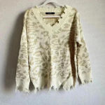 Leani Animal Print Beige‎ Women’s Distressed Fringe Pullover Sweater Size M White Size M Photo 5