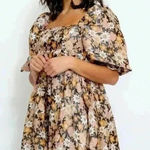 Storia Black Brown Orange Fall Winter Floral Babydoll Dress Puff Sleeves Size S Photo 0