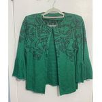 Ming Wang  Cardigan Sweater XS Green Floral Embroidered Ruffled Sleeve Preppy NWT Photo 0