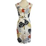 White Tropical Leaf Print Button Front Midi Dress Linen Small Boho Resortwear Photo 1