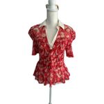 Maeve Red Floral Collared Smocked Blouse Size Medium Photo 3