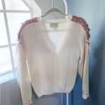 Vintage Cream with Pink Purple Floral Knit Sweater Cardigan Fringe Size L Photo 4