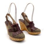 Frye Pepper Kiltie Wedge Sandals Sz 6 Brown Leather Canvas Cork Slingback Buckle Photo 15