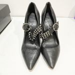 Alice + Olivia Alice & Olivia Size 9 Black Leather Silver Studded Dover Moto Pump Ankle Strap Photo 2