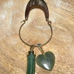 Vintage Gold Tone Choker Green Jade Horn & Heart Pendant Necklace Photo 7
