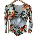 Mistica NWT Floral One Piece Padded Front Tie Long Sleeve Open Tummy Swimsuit S Blue Photo 0