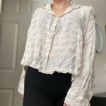 Free People  Striped‎ Hooded Flowy Button Down Shirt Sz Medium Raw Hem Neutral Photo 4