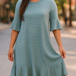 LuLaRoe  Womens Dress‎ Size M Maurine Green Blue Striped Swing Bell Sleeves NEW Photo 0