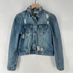 Moon River Light Blue Denim Ripped Distressed Puff Shoulder Jean Jacket Size S Photo 2