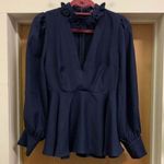 Venus Navy Blouse Deep V Ruffle Collar Puff Sleeve Flare Back Zipper - size 8 Photo 0