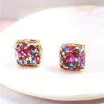 Confetti Glitter Square Stud Earrings Gold Tone Multicolor Sparkle NWT Photo 1