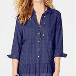 J. JILL Navy Blue Jacquard 3/4 Sleeve Elliptical Top Tunic Button Front Sheer L Size L Photo 0