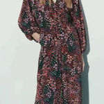 ZARA  Black Floral Print Long Sleeve Wide Leg Jumpsuit Smocked Waist Size Small Photo 0