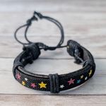 Adjustable Leather Tie Bracelet with Multi Colored Stars Black Photo 0