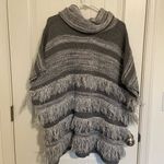EUC New York & Company women’s gray white cowl neck fringe stripe poncho sweater Photo 5