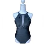 Tempt Me  Black One Piece Swimsuit High Neck Plunge Ruched Tummy Control Small Photo 2