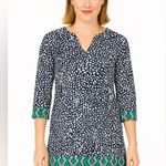 French Curve Navy Blue & White Print Coverup Tunic with Green Border Size Small Photo 0