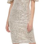 Eliza J  Silver Sequin Sheath Flutter Sleeve Mock Neck cocktail Mini dress 8 NWT Photo 0