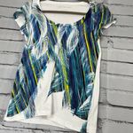 Calvin Klein Jeans Women's Blue Feather Print Top SZ Petite S Crew Relaxed Fit White Photo 7