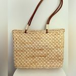 Woven Corn Husk Bag with Beaded‎ Embroidery Flowers and Leather Handle Gold Photo 2