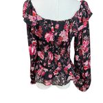 Jessica Simpson Ruffle Sleeve Blouse Pink floral on black – NWT – Size XS Photo 4