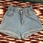 Light Wash Blue Denim Jean Paper Bag Elastic Scrunch Ruched Waist Shorts High Rise Mom Fit Cuffed Photo 0