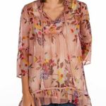 Buckle BKE Boutique Boho Floral Sheer Tunic Top Size S | Pink Lace Tassels Ruffle Hem Photo 0
