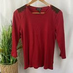 Ralph Lauren  Red Long Sleeve Ribbed Leather Shoulder Crewneck Tee T Shirt Top L Photo 0