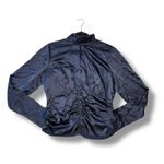 frame denim FRAME Navy Silk Ruched Mock Neck Button Front Long Sleeve Blouse Top Photo 1