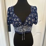 Altar'd State Altar’d State Blue Floral Lace Trim Cropped Top Tie Back Sweetheart Neckline Photo 1