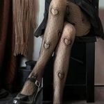 Heart Print Mesh Tights Black Sexy Cut Out High Waist Fishnet Pantyhose One Size Photo 8