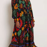 Farm Rio Georgette Tropical Puff Sleeve V-Neck Ruffle Maxi Dress Black Medium Photo 0