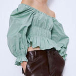 ZARA  Taffeta‎ Puff Sleeve Blousee Light Green XS Photo 0