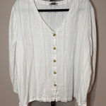 Loft  Linen Blend Button Down V-Neck Top White Cream Stripe Size XXL Photo 0