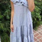 Nicole Miller Asymmetrical One Shoulder Linen Tiered Midi ruffle Dress size M / waist tie not included Blue Size M Photo 2