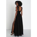 Lulus NWT  Radiant Charisma Black Chiffon Ruched Tie-Strap Maxi Dress Wedding L Photo 1