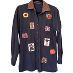 Karen Scott  Novelty Fall Autumn Motif Button Down Shirt Womens Medium Navy Photo 0
