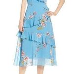 Avec Les Filles  Dress Blue Painterly Boutique Ruffle Georgette Midi Dress 2 NWT Photo 0
